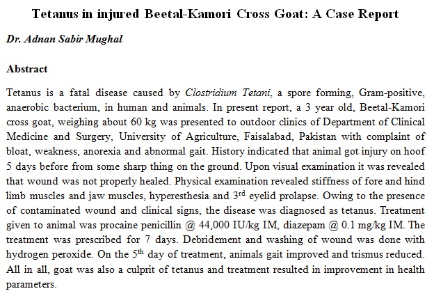Tetanus in goat, a case study of Beetal Kamori goat