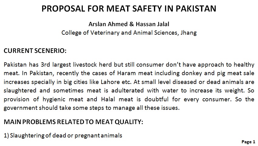 Recommendations and proposal for meat safety in Pakistan and meat quality in Pakistan