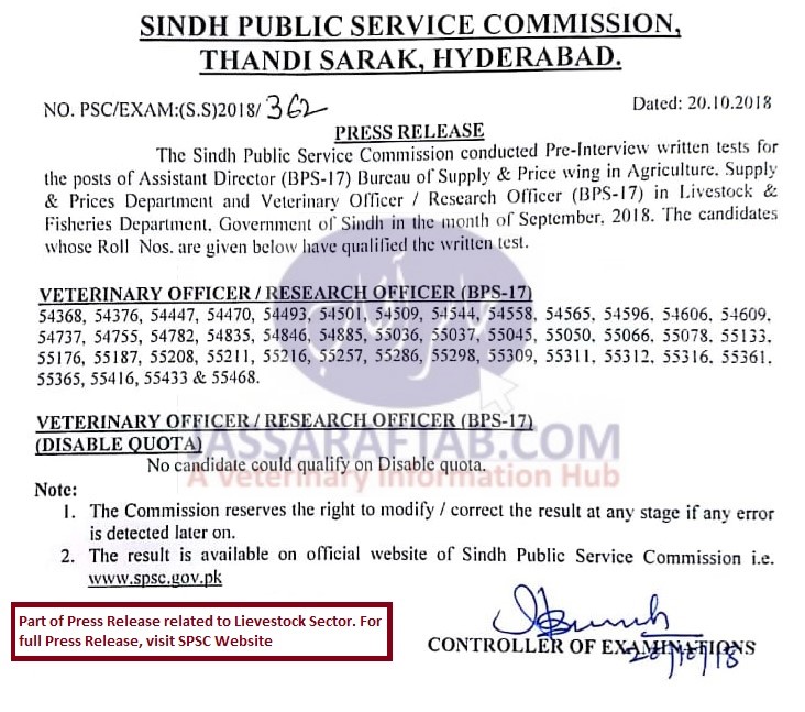 سندھ پبلک سروس کمیشن نے ویٹرنری آفیسر کے تحریری امتحان کا اعلان کر دیا