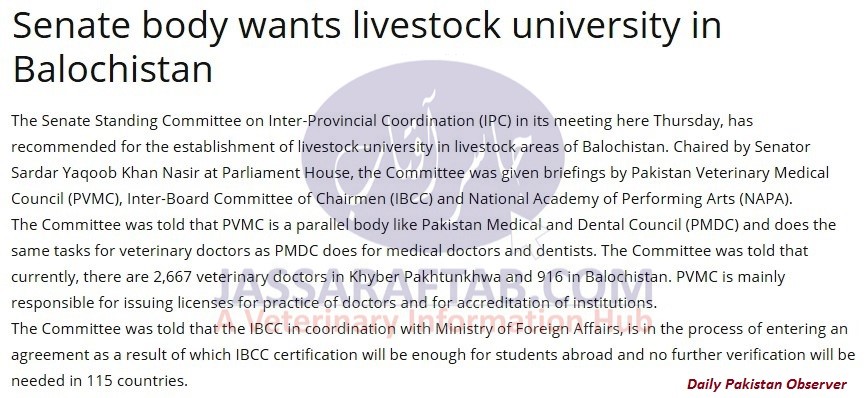 Senate Body for Balochistan Veterinary University