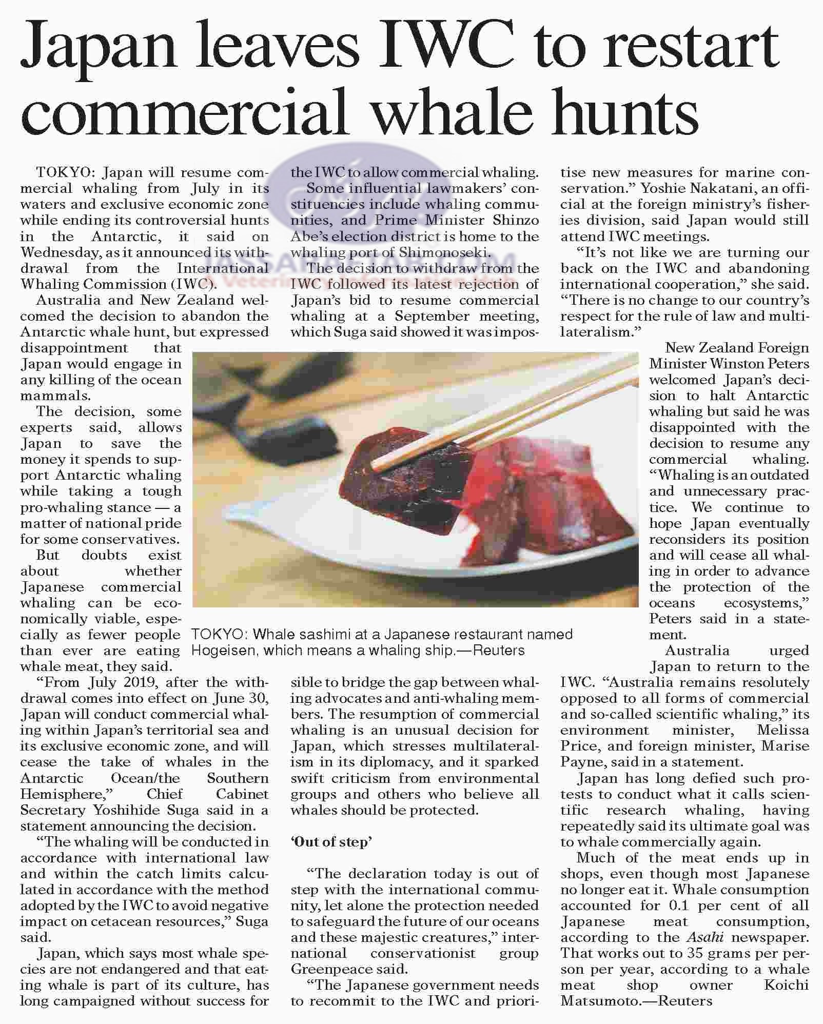 Japan left international whaling commission as resumed commercial whaling. Japan resume whale hunting in its economic zone but stop Antarctic Whale killing.