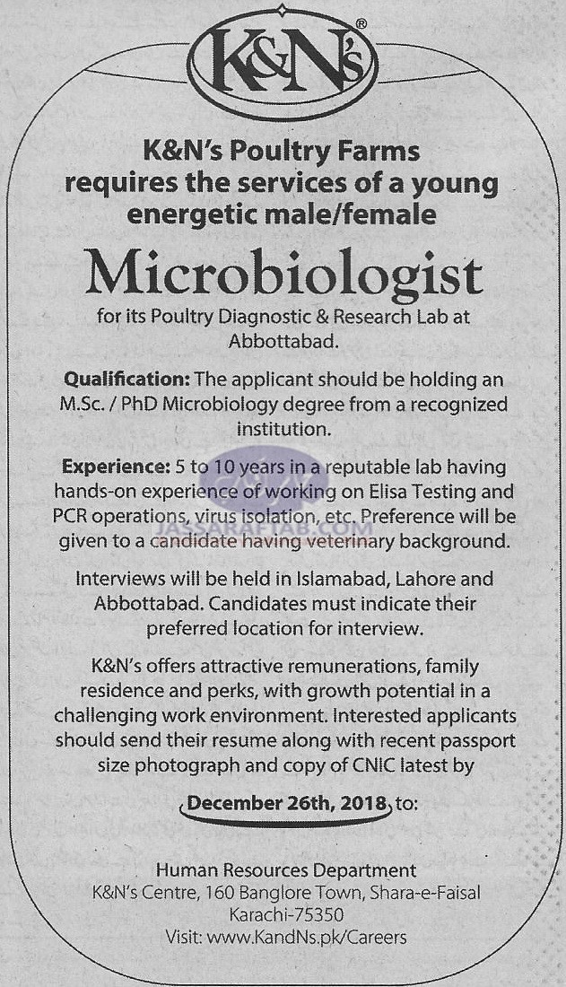 Microbiologist job in K&N Poultry Farms