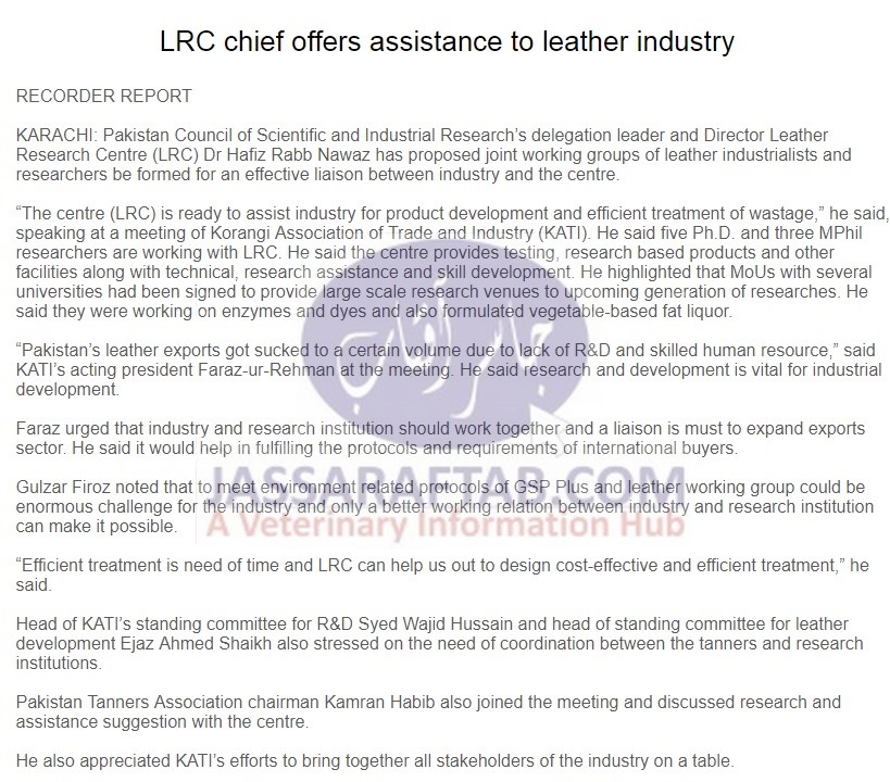 Director Leather Research Center proposed joint working groups at Korangi Association of Trade and Industry (KATI). Chairman Pakistan Tanners Association joined