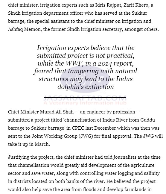 Indus Dolphin Extinction highlighted by WWF amid project for extension of Indus river belt.