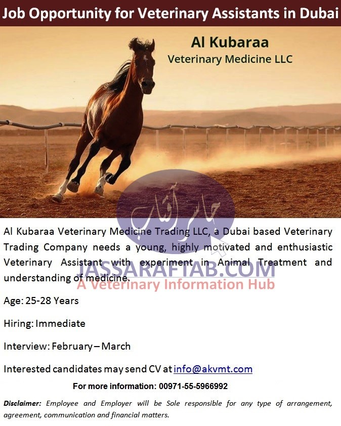 Job for Veterinary assistants in Dubai veterinary medicine company 