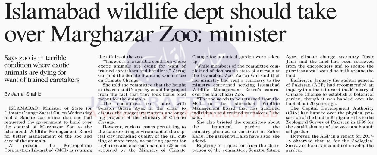Islamabad wildlife department should take over Marghazar zoo