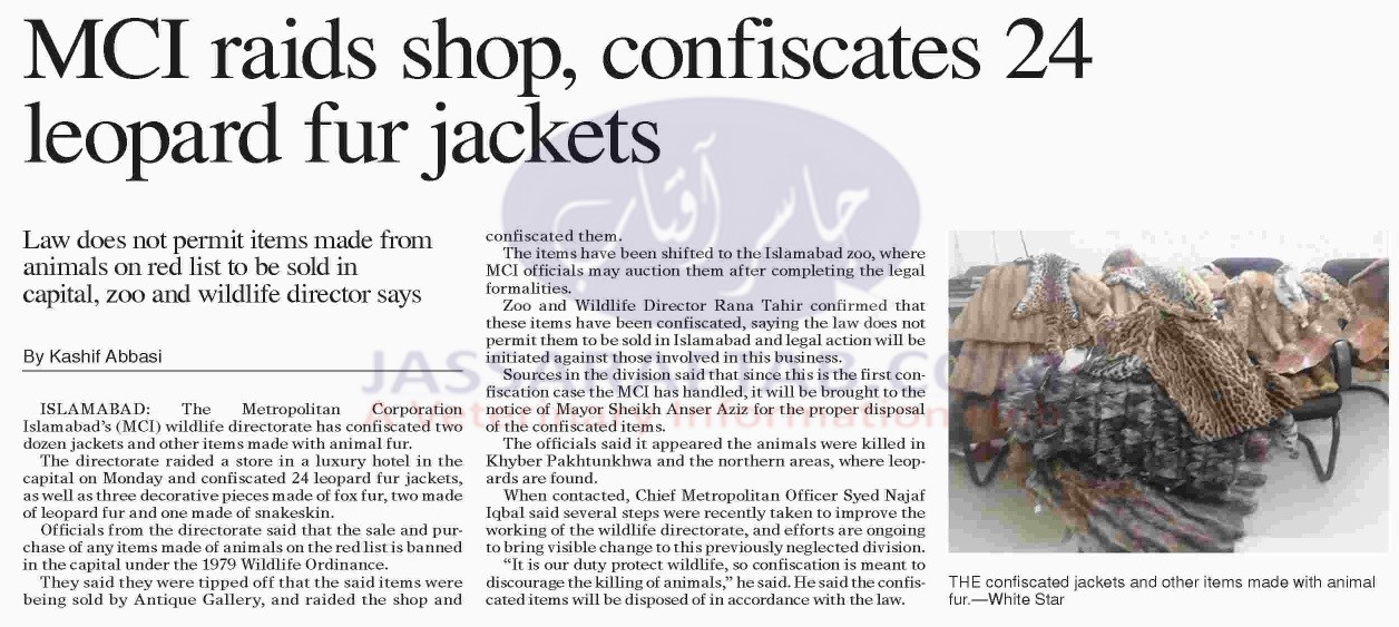 Confiscates 24 Leopard fur jackets and other items