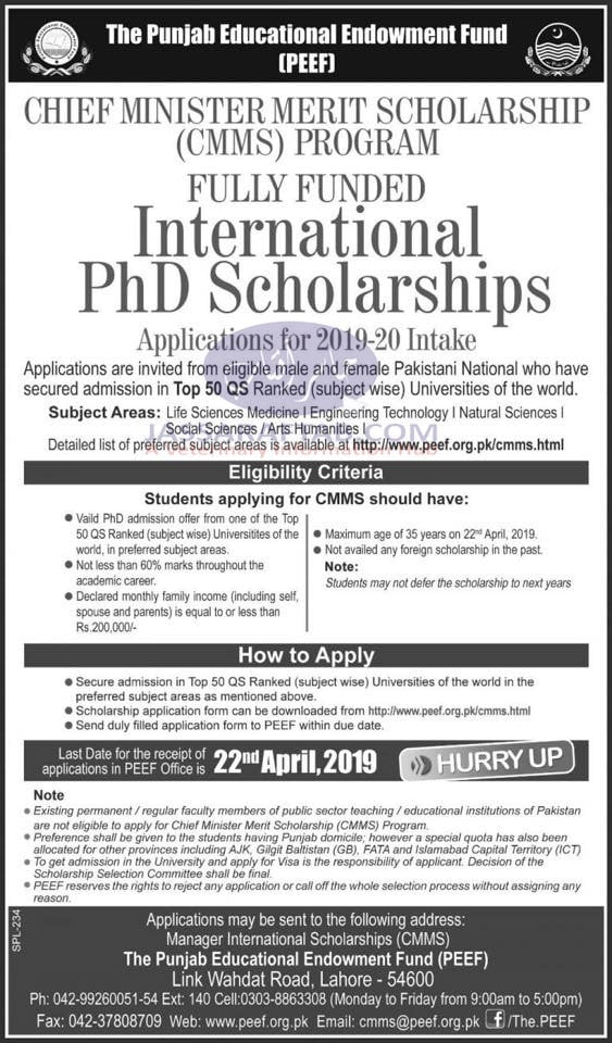 Chief Minister International PhD Scholarship