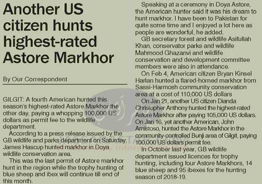 US citizen hunts highest rated Astore Markhor under Markhor Trophy Hunting i