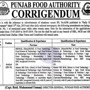 Job for food technologist in Punjab Food Authority