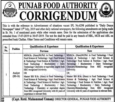 Job for food technologist in Punjab Food Authority