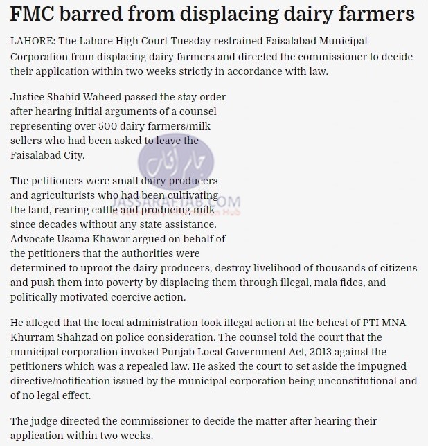 Lahore High Court restrained FMC from displacing dairy farmers 