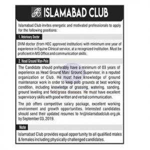 Islamabad club job for vets