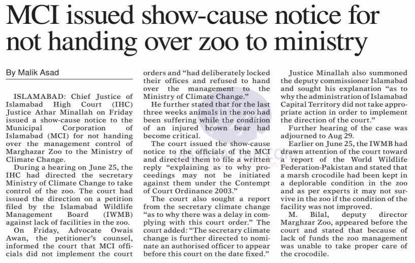 Show cause notice issued for handing over of zoo