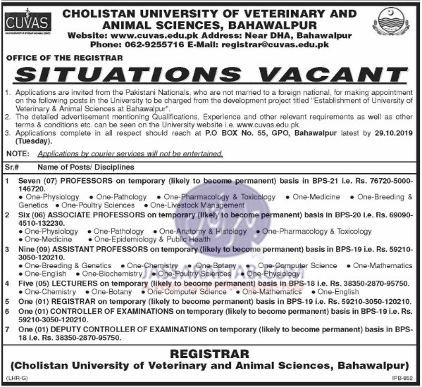 Jobs for Vets in CUVAS Bahawalpur