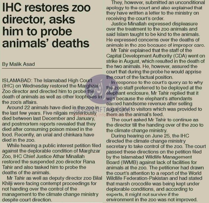 IHC restores zoo director Islamabad 