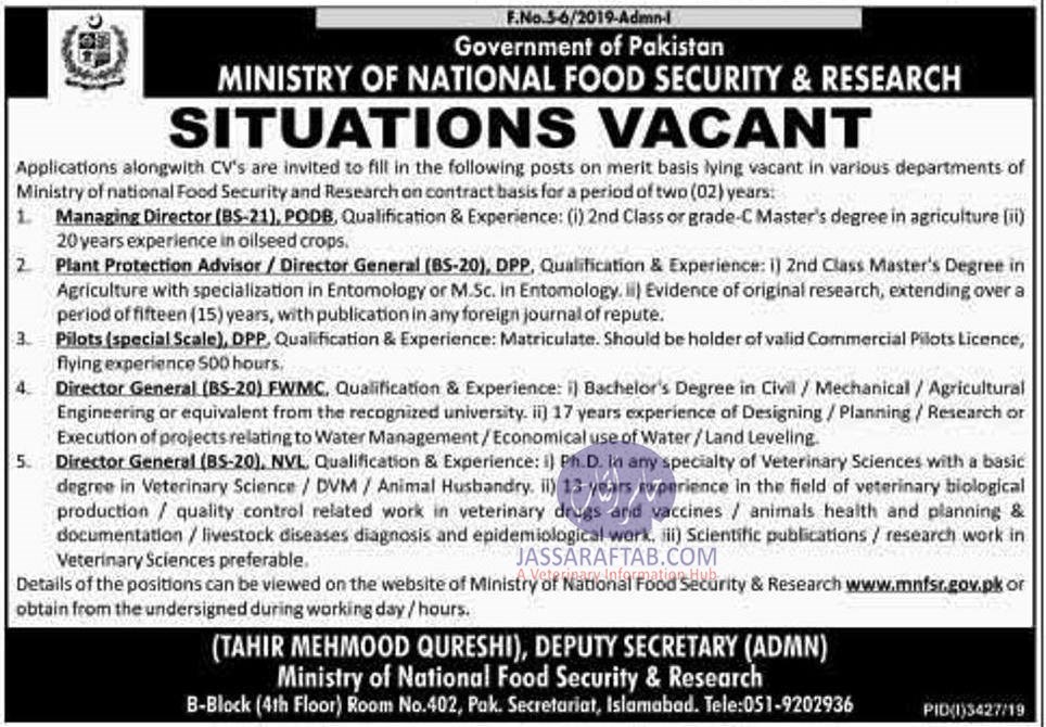 Job opportunity for Veterinary professionals at National Veterinary Laboratory NVL Islamabad