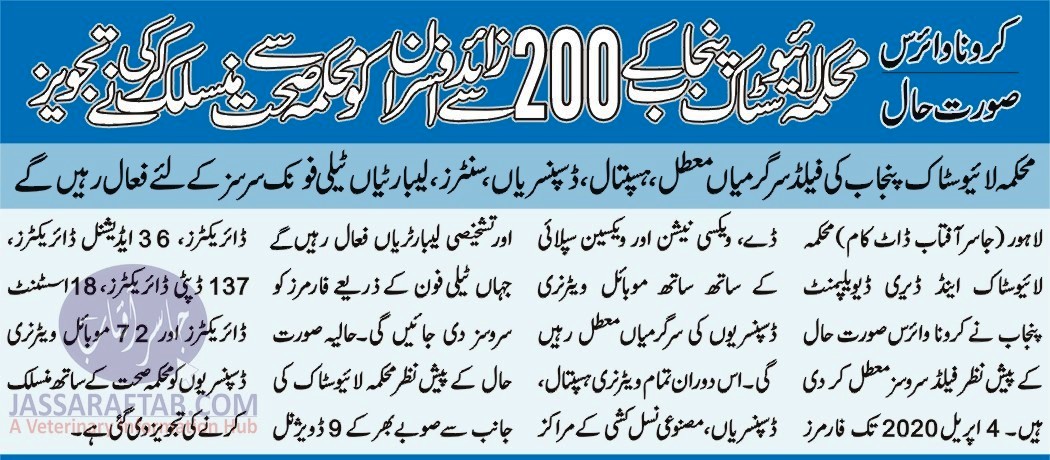 محکمہ لائیوسٹاک پنجاب کے 200 سے زائد افسران کو محکمہ صحت سے منسلک کرنے کی تجویز
