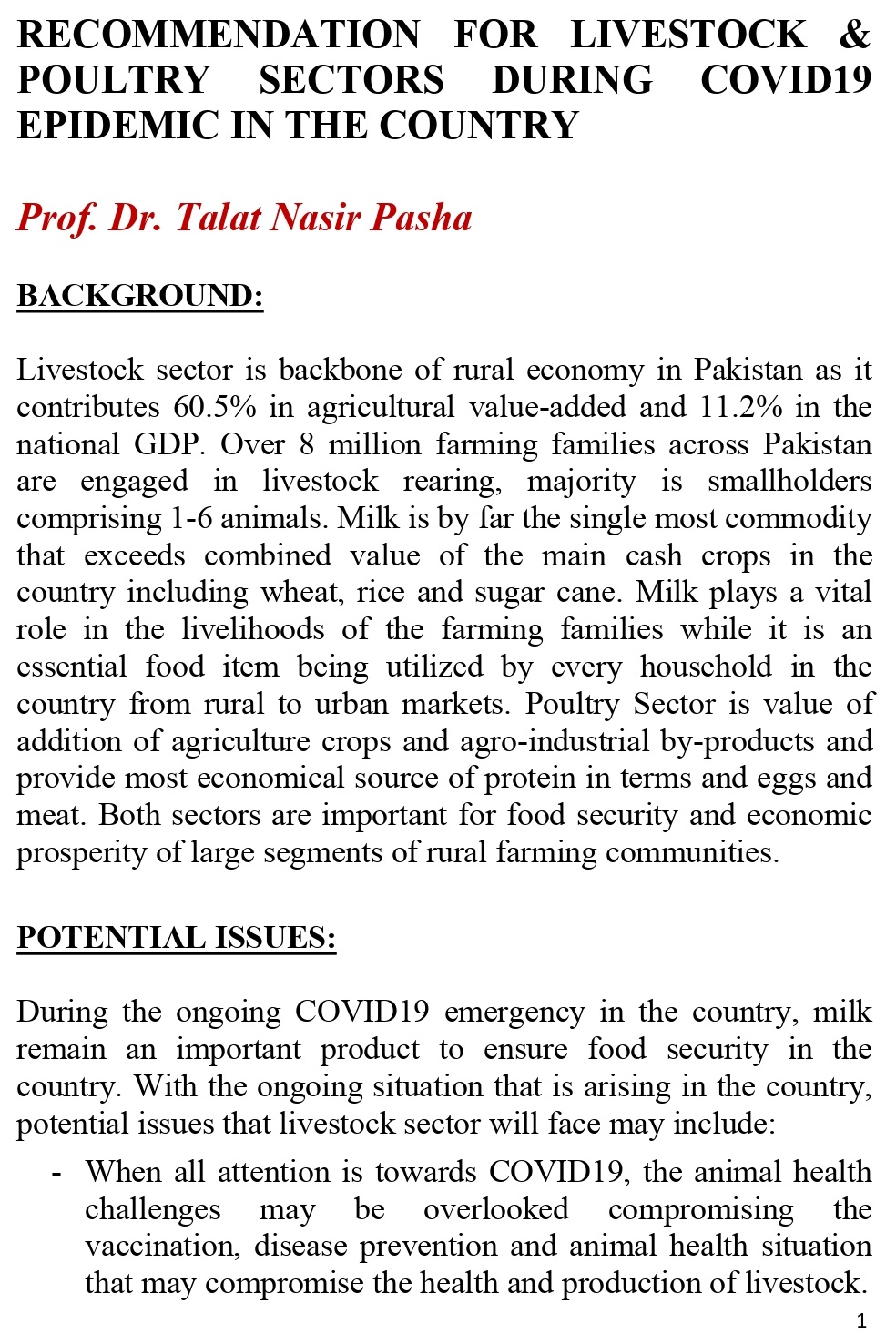 CORONA VIRUS AND LIVESTOCK. RECOMMENDATION FOR LIVESTOCK & POULTRY SECTORS DURING COVID19