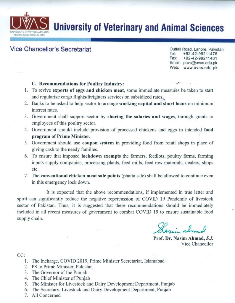 Letter for PM Pakistan on Recommendations for Livestock sector