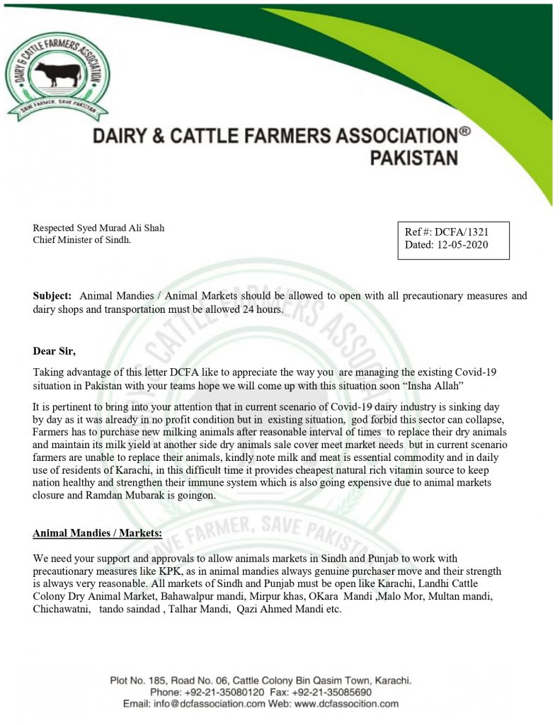 Letter to CM Sindh for opening of cattle markets in Sindh