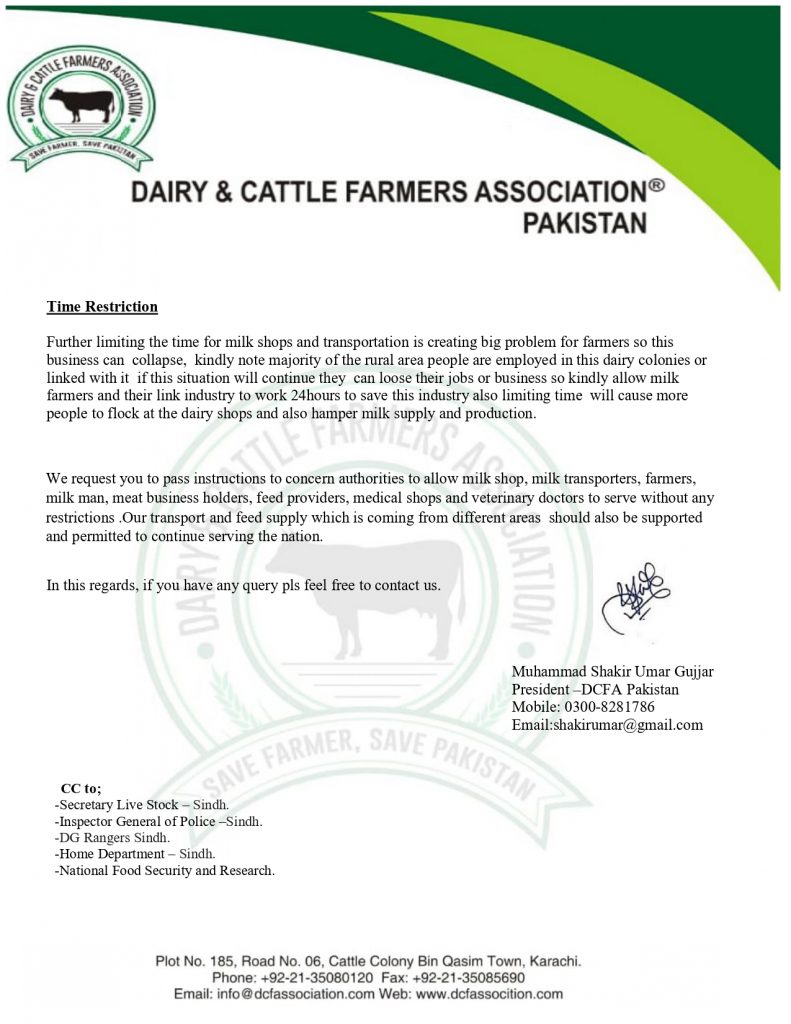 Letter to CM Sindh for opening of cattle markets