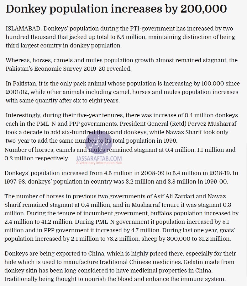 Donkey population in pakistan increased by one lakh