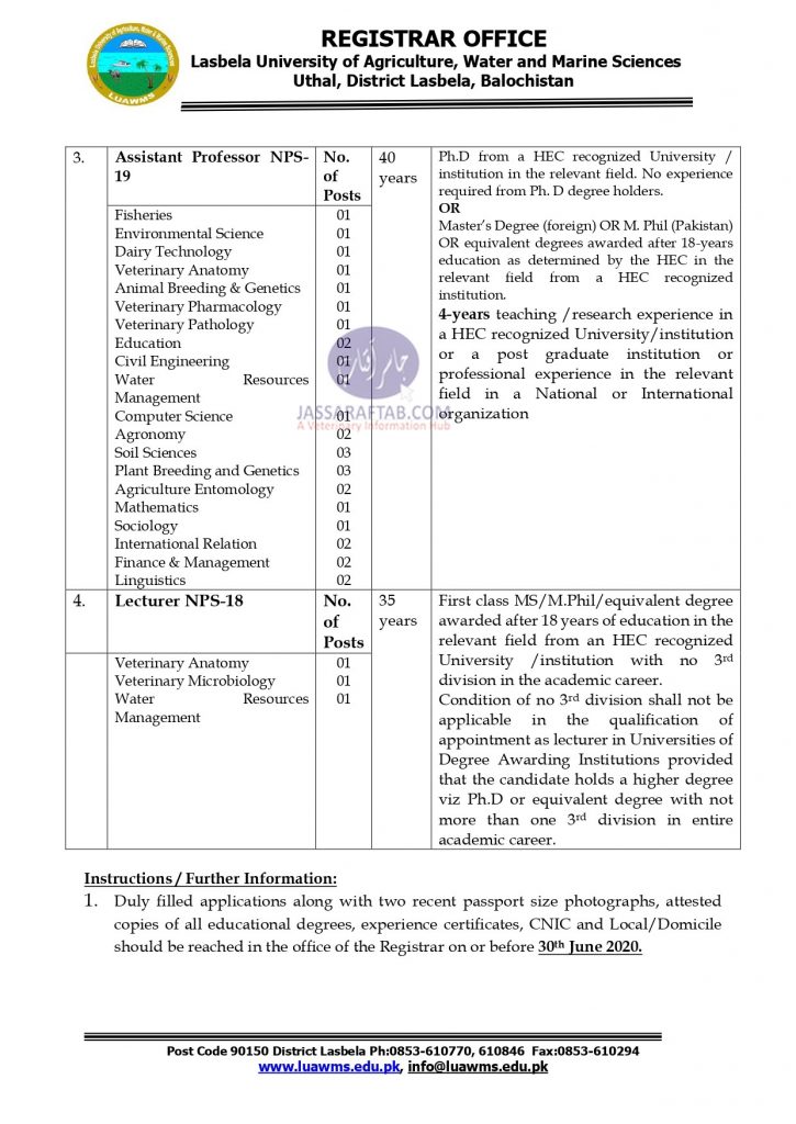 Job opportunities at Lasbela University of Agriculture for Vets
