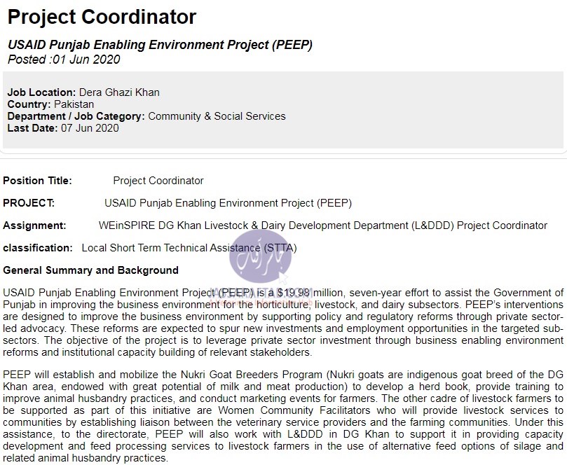Job for senior livestock expert in usaid project peep