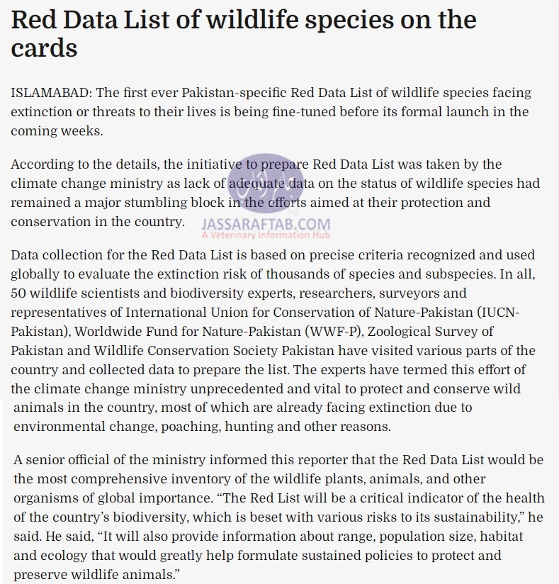 Red data list of wildlife species facing threats of extinction in Pakistan 