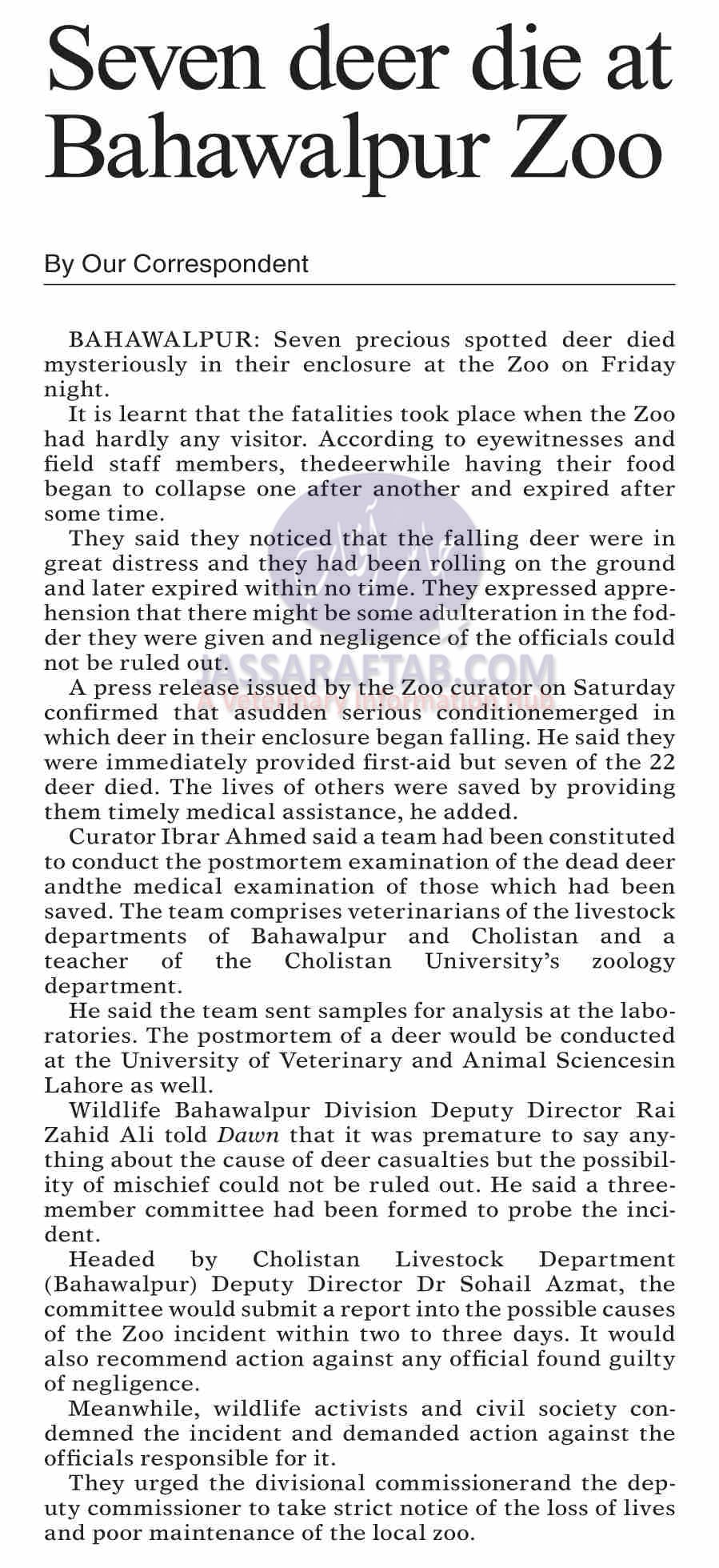 Seven precious spotted deer died at Bahawalpur zoo
