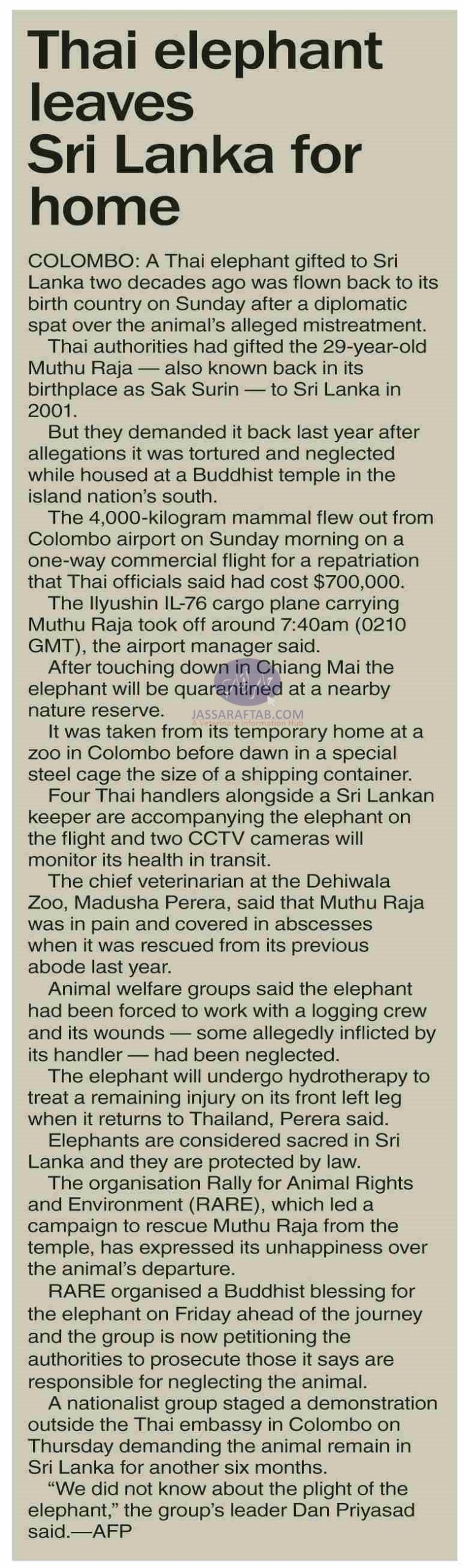 Thai elephant Muthu Raja gifted to Sri Lanka