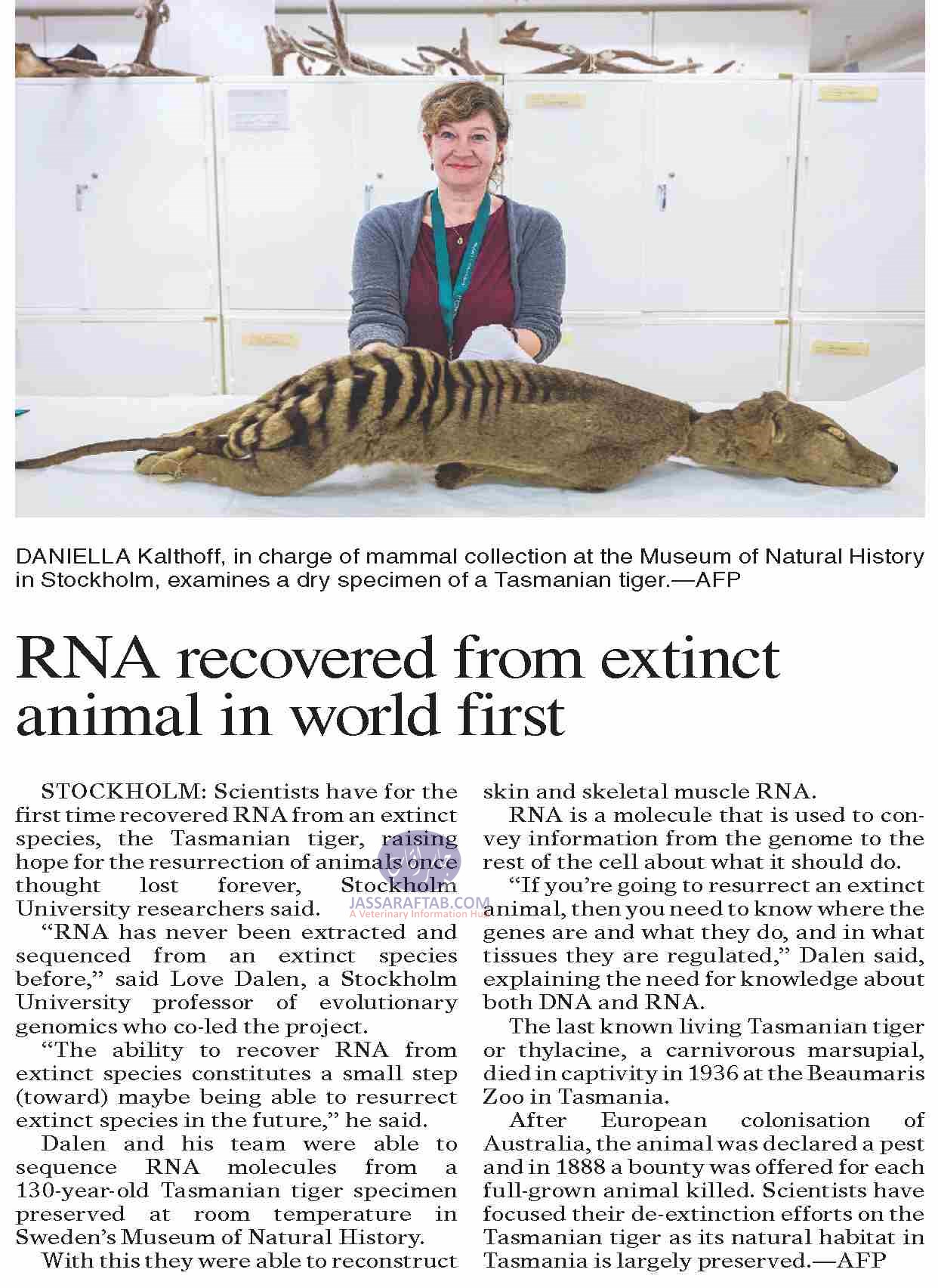 RNA recovered from Extinct Animal Tasmanian Tiger