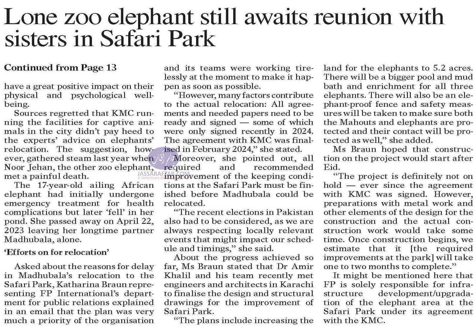Elephant Noor Jehan death at Karachi Safari Park